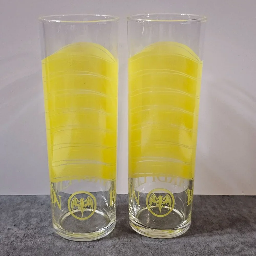 Vintage Set of 2 Bacardi Limón Rum Tall Yellow Clear Glasses Distillary Barware